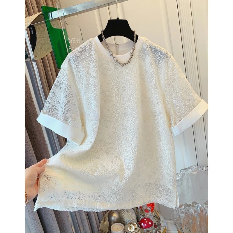 独特超好看刺绣花朵蕾丝衫短袖T恤衬衫宽松上衣女2025春夏新款