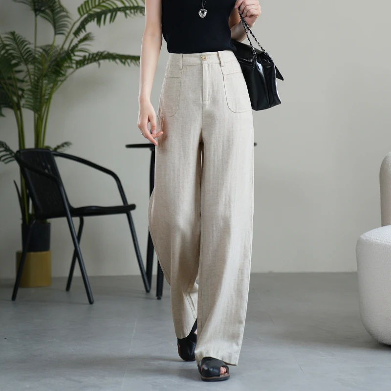 凌丹娜女夏季薄款高腰天丝亚麻直筒拖地裤显瘦窄版阔腿裤25327