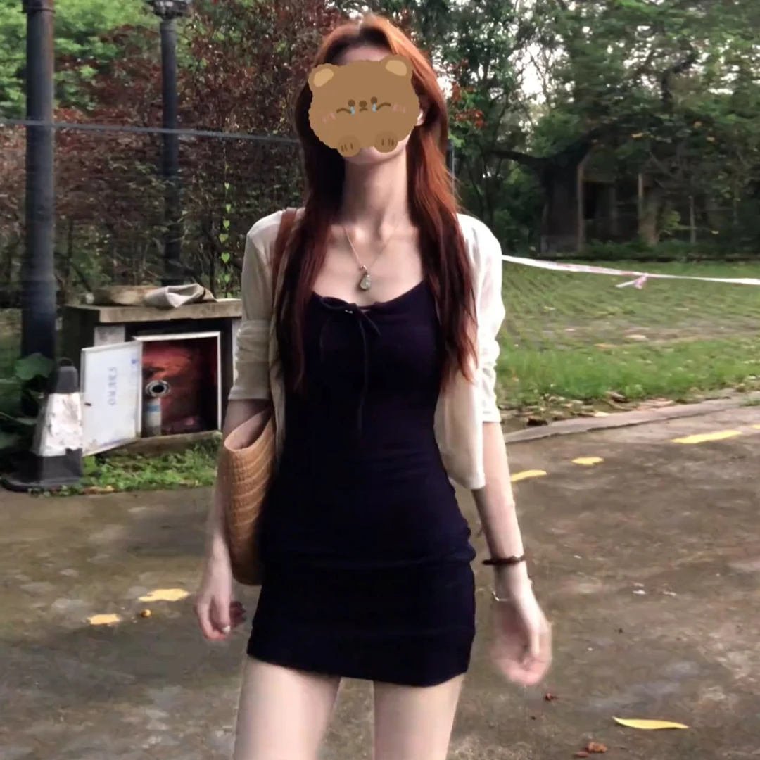 法式蓝色吊带连衣裙子女夏季2026新款小个子修身a字包臀短裙套装