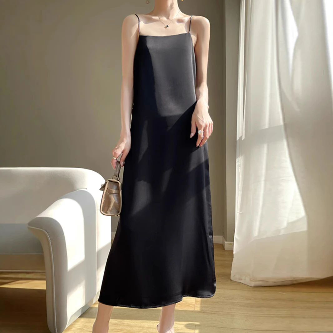 大码胖mm法式吊带连衣裙女夏季设计感小众醋酸缎面垂感长裙子200