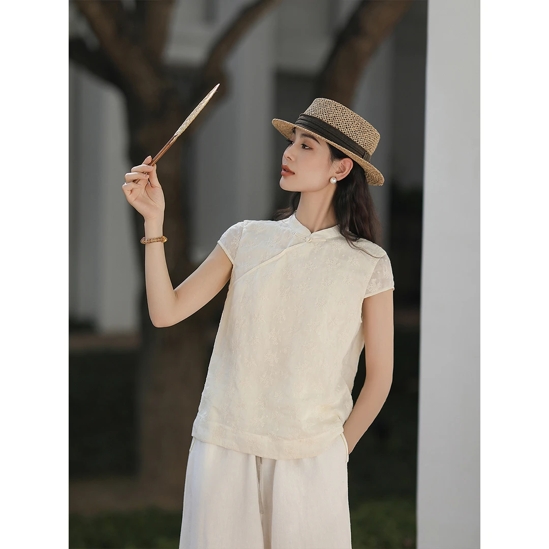麻霖100%精细苎麻水溶刺绣半包袖新中式文艺休闲清凉上衣