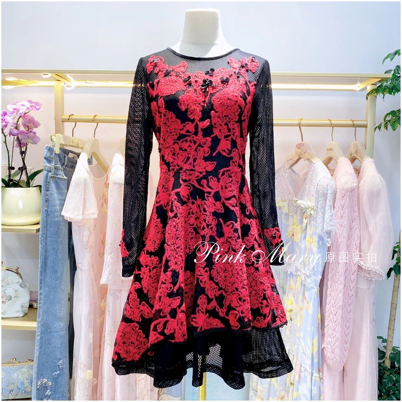 Pink Mary粉红玛琍红色圆领长袖连衣裙子女时尚甜美PMAGW553619