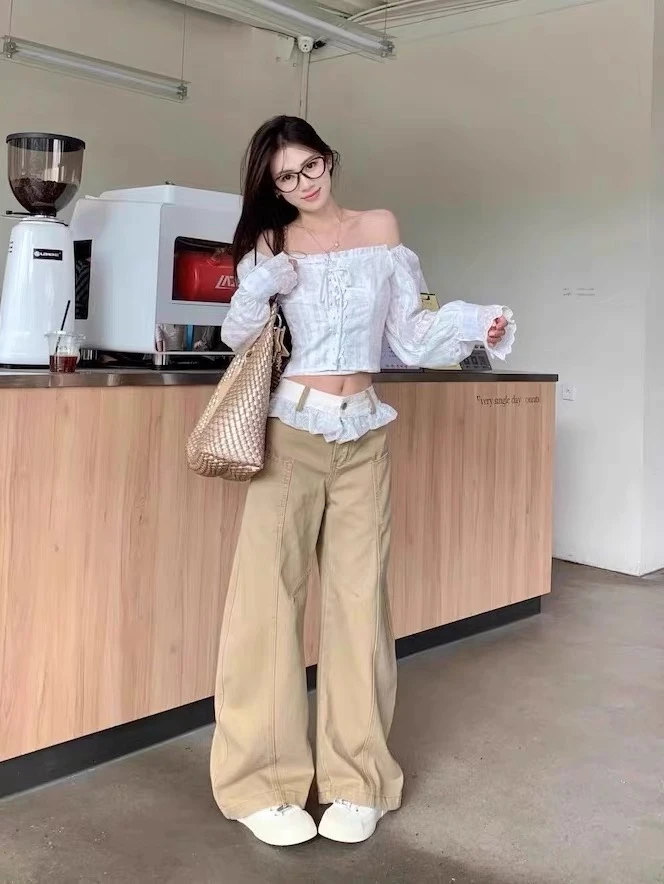 卡其色蕾丝花边牛仔裤女2025夏季新款复古拼接宽松慵懒休闲拖地裤
