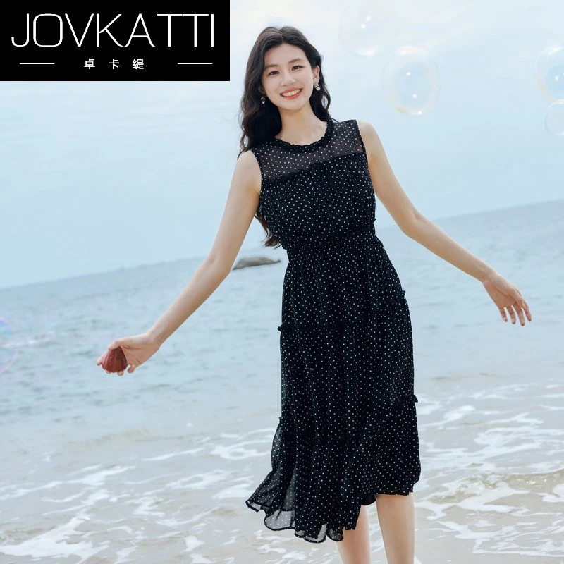 Jovkatti气质时尚收腰连衣裙2025年夏季新款女独特漂亮波点中长裙