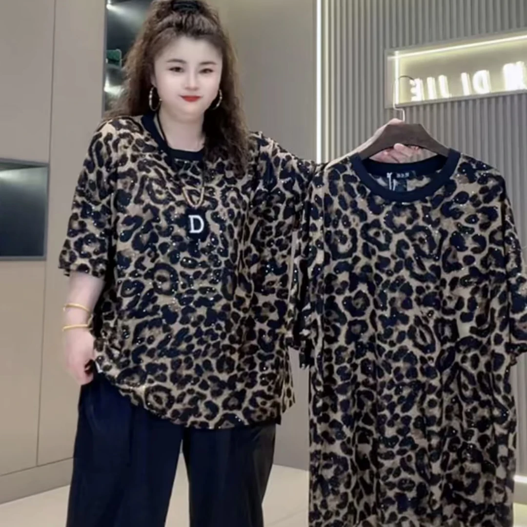 051夏季圆领时尚星空豹纹中长款显瘦T恤女宽松