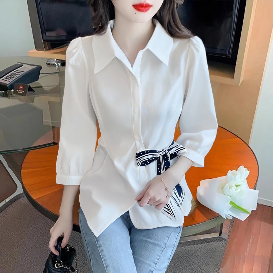 A2025新款时尚洋气春上衣女气质大码胖mm遮肚藏肉收腰衬衫D0533