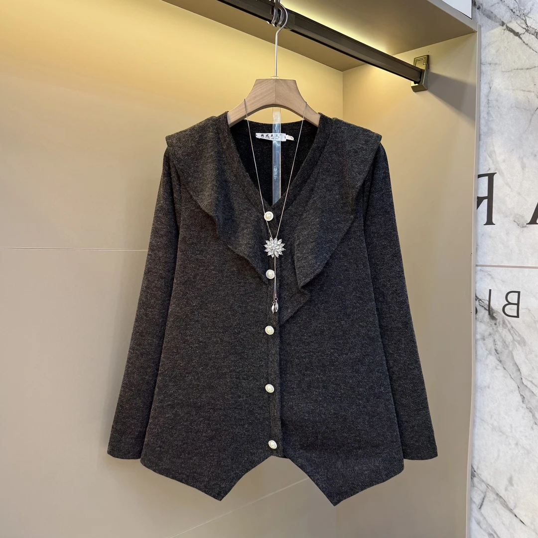 2025秋设计感时尚洋气减龄宽松拼接v领不规则胖mm大码衬衫935