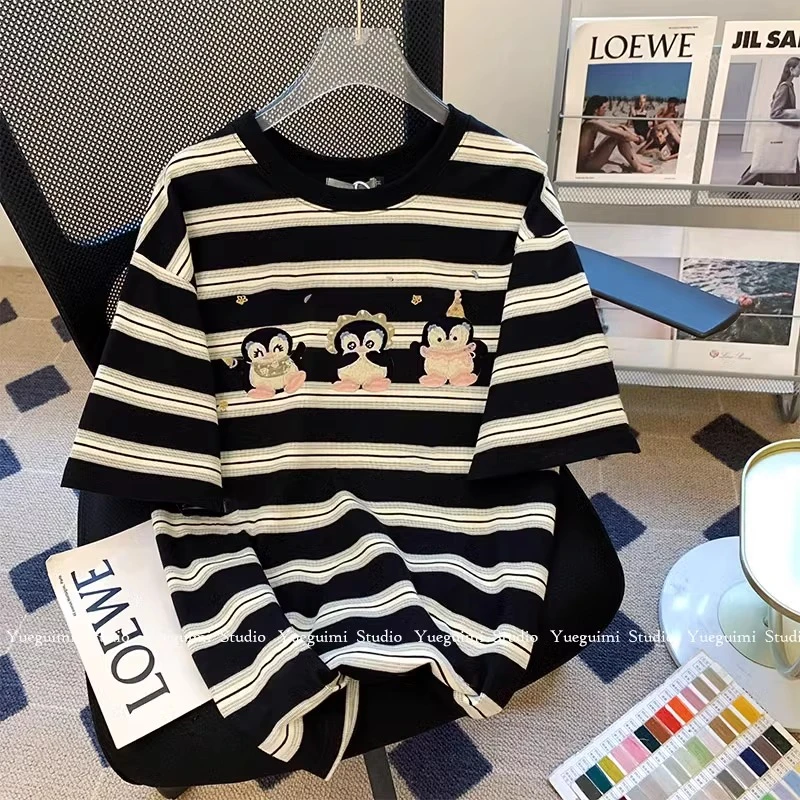 胖妹妹大码黑色条纹显瘦短袖t恤女夏季2025宽松高级感欧货上衣ins