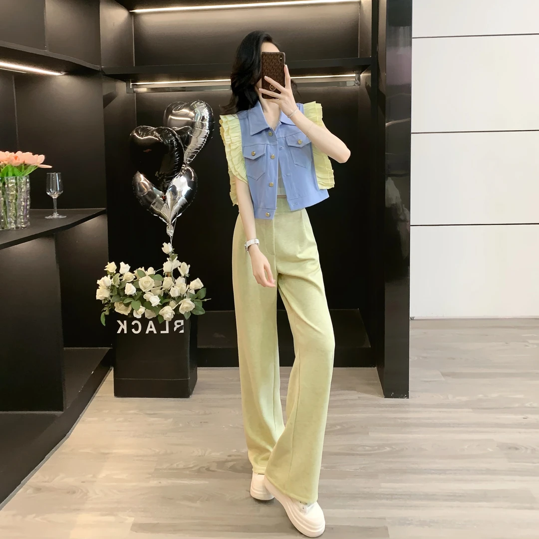 小香风时尚套装女夏季显瘦气质减龄洋气牛仔短袖休闲阔腿裤两件套