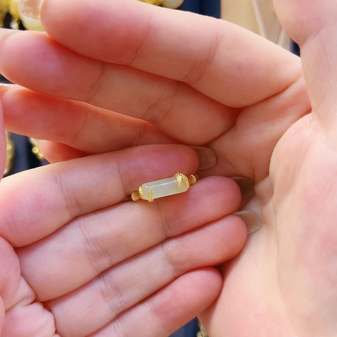 和田玉银S925镀金镶嵌戒指