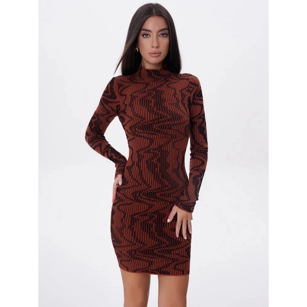 辣妹性感紧身包臀裙女立领提花长袖连衣裙显瘦针织打底裙2025秋装