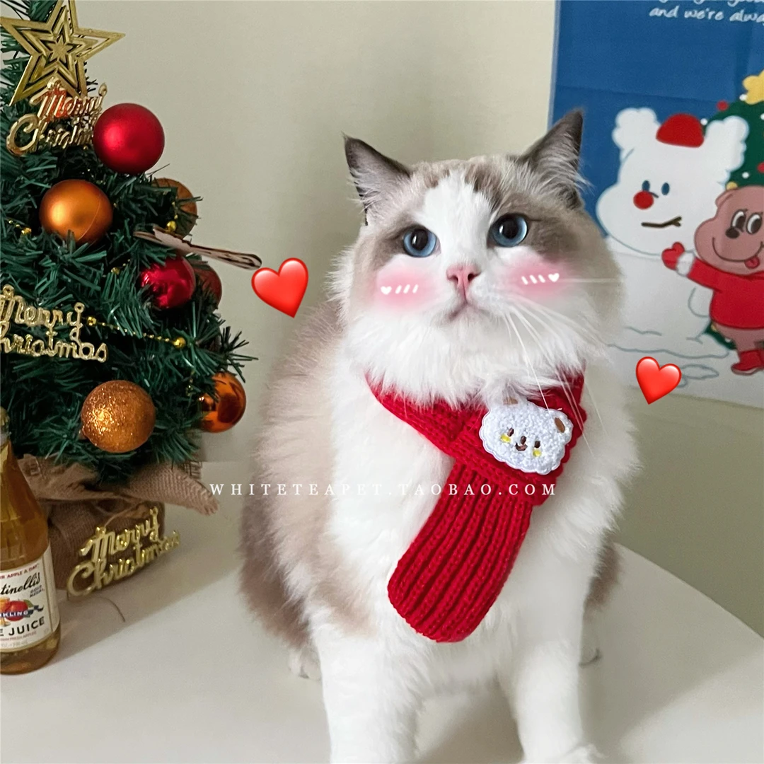 秋冬保暖可爱毛线围脖领巾饰品宠物小狗猫咪围巾过年红色小猫围巾