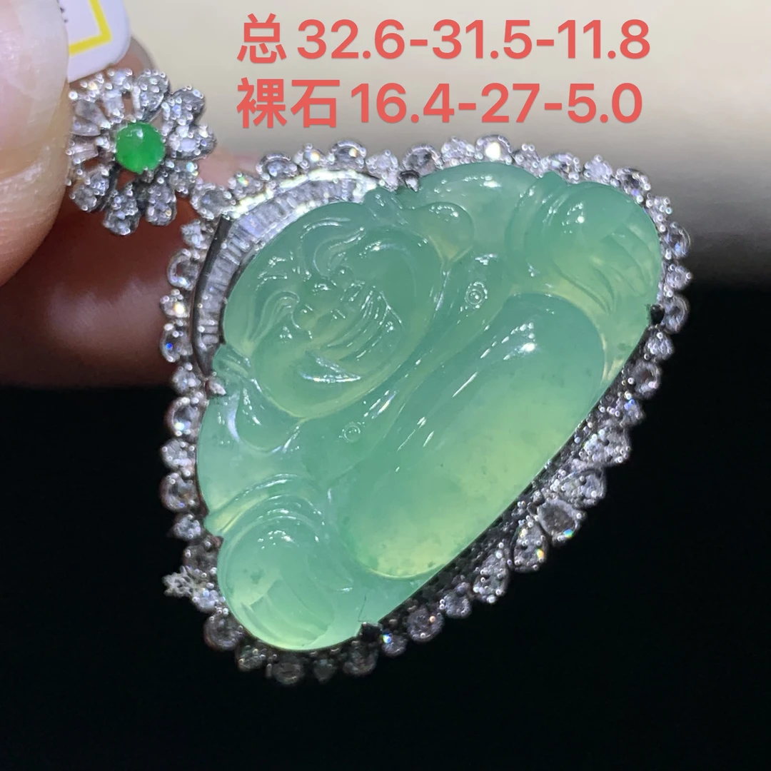 缅甸天然A货翡翠18k金镶嵌冰种淡绿佛公吊坠8.9