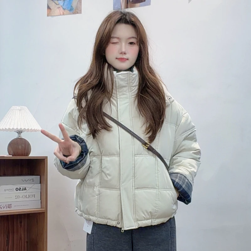 拼接格棉服女冬季2025新款加厚保暖棉衣立领外套夹棉面包服T集-*8
