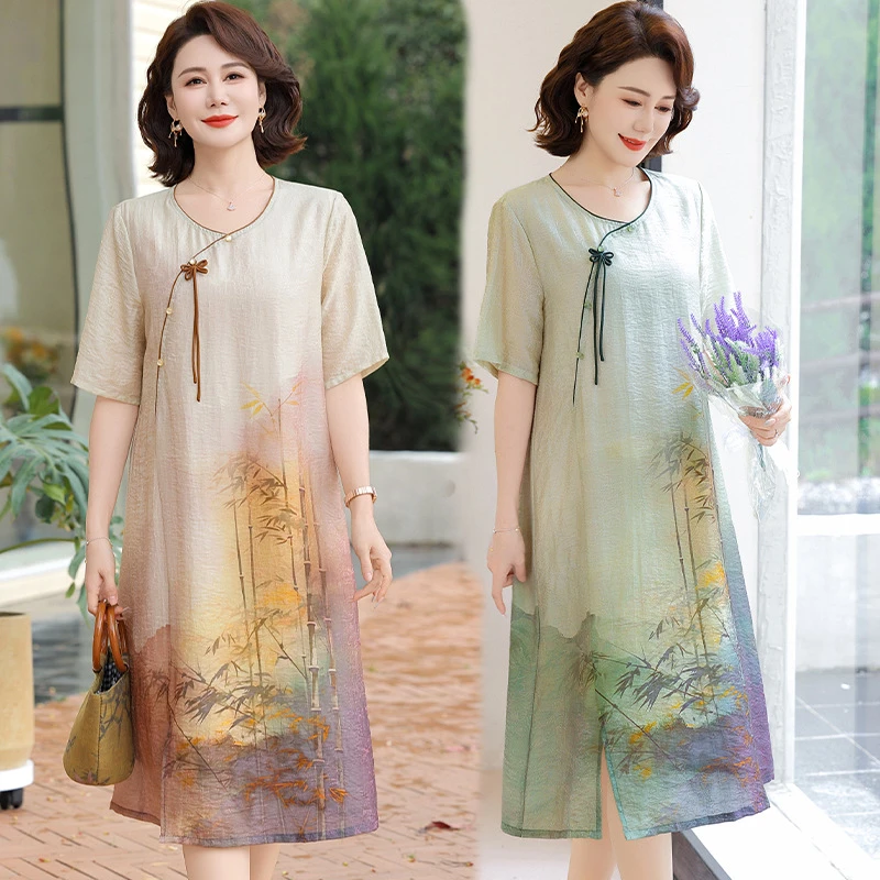 妈妈夏装新中式连衣裙2025新款中老年女国风印花气质薄款雪纺长裙