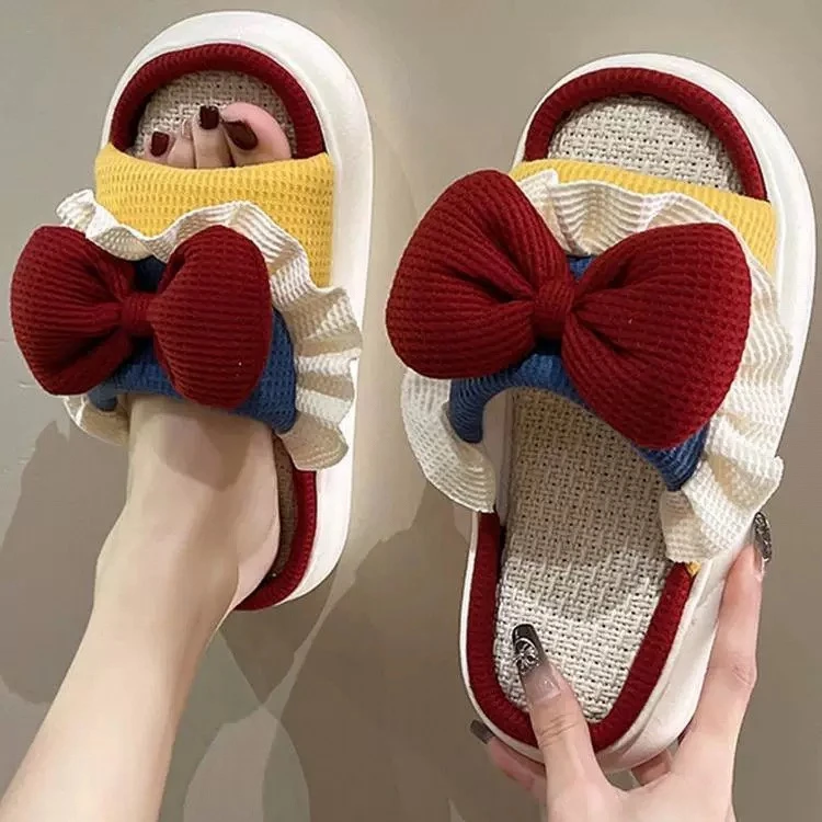亚麻拖鞋女在逃公主春秋薄款居家静音四季蝴蝶结棉麻拖鞋防滑耐磨