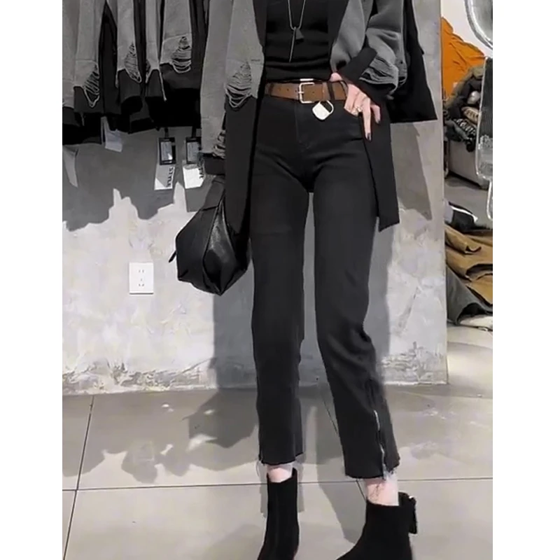 黑灰毛边直筒牛仔裤女秋冬加绒胖mm高腰弹力显瘦小个子九分烟管裤
