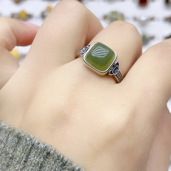 和田玉戒指银S925镶嵌天然