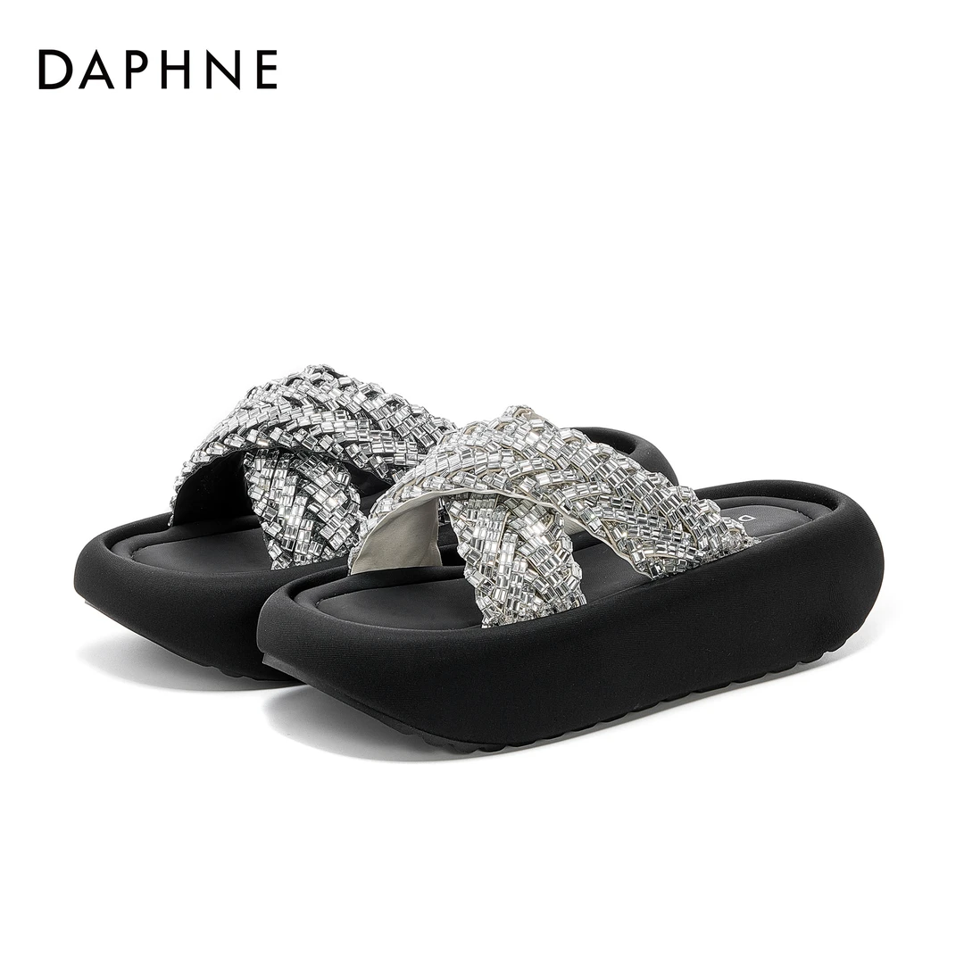 达芙妮时尚水钻半拖鞋女2025夏季新款外穿绝美法式厚底增高凉拖鞋