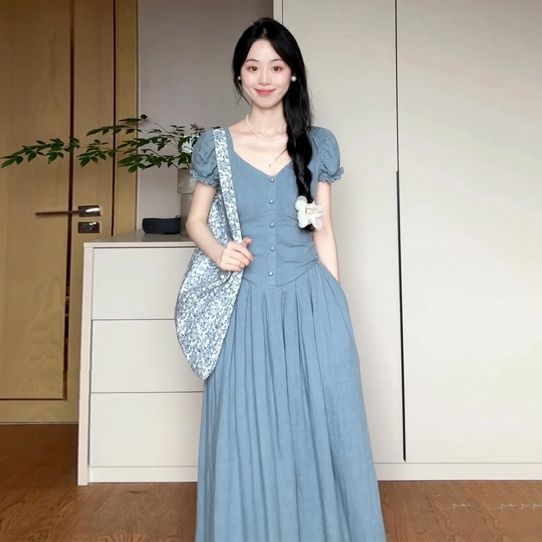 法式蓝色连衣裙子女夏季2025新款今年流行爆款掐腰绝美长裙4624