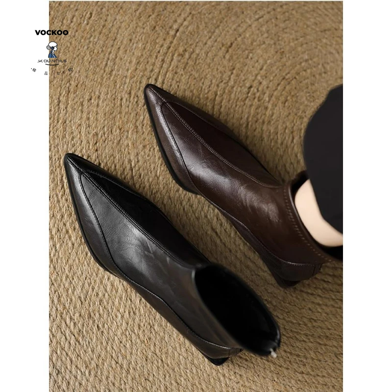 羊皮版~法式气质尖头粗跟后拉链短靴2025新款秋冬瘦瘦靴弹力袜靴