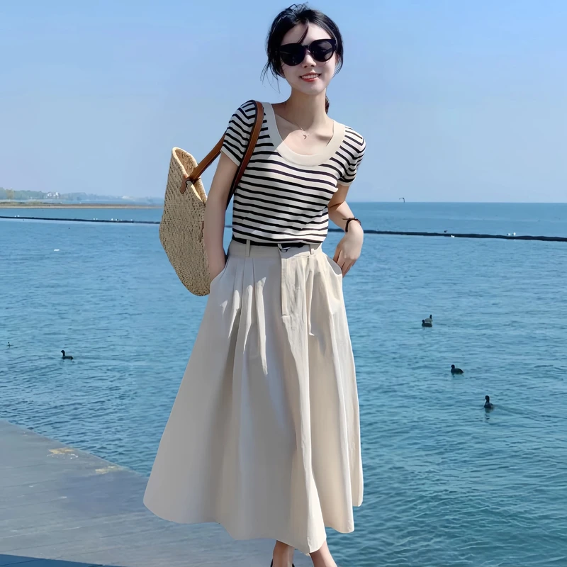 法式U领黑白条纹针织短袖T恤女2025夏新款宽松显瘦修身薄款上衣