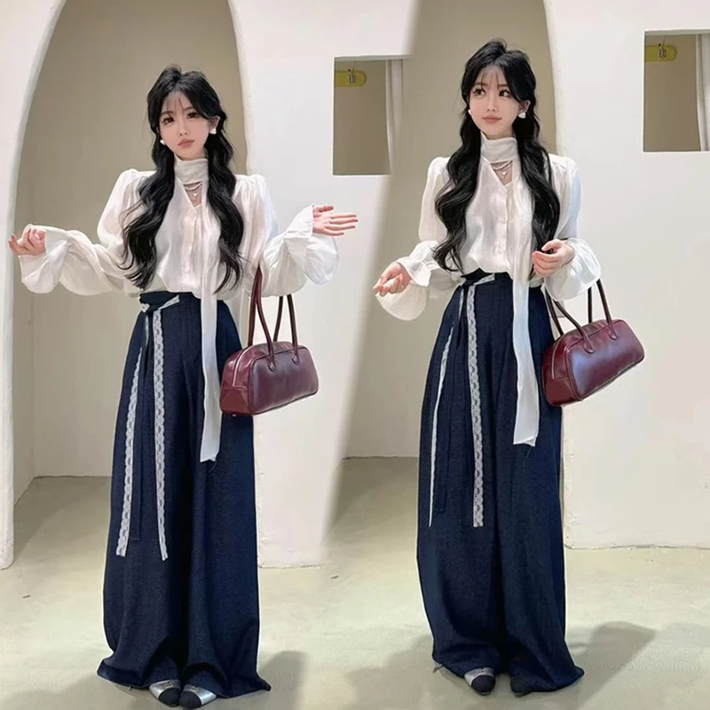 2025春季新款设计感飘带泡泡袖衬衫搭系带拖地裤两件套中国风套装