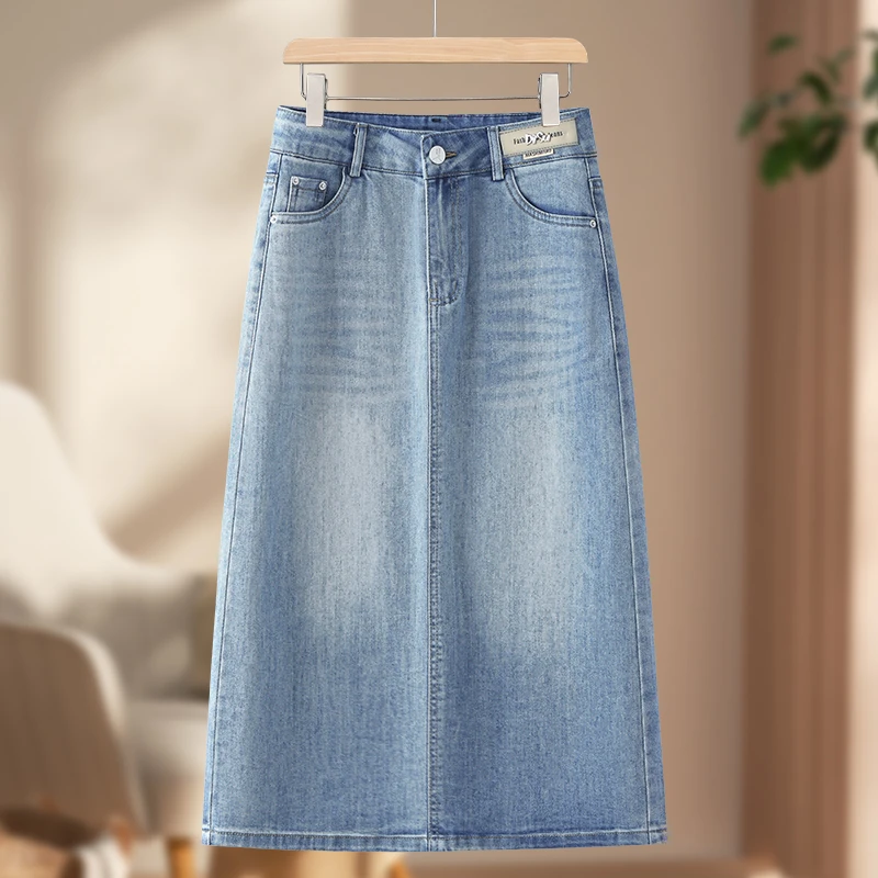 拉夏贝尔高腰牛仔半身裙女秋季2025新款包臀裙中长款a字直筒裙潮