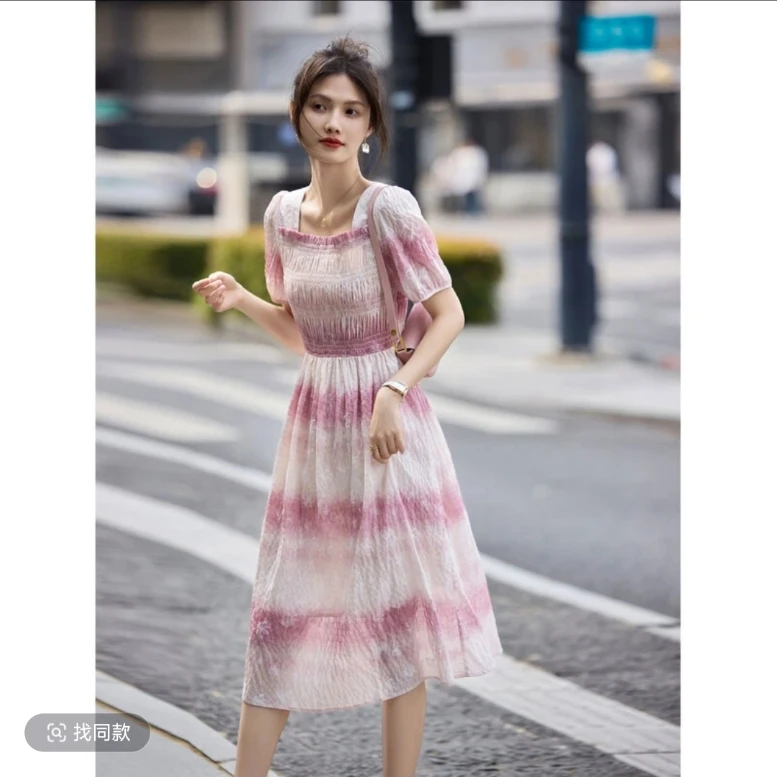 【裙长115】气质连衣裙年夏季新款女清新简约扎染方领收腰显瘦长裙
