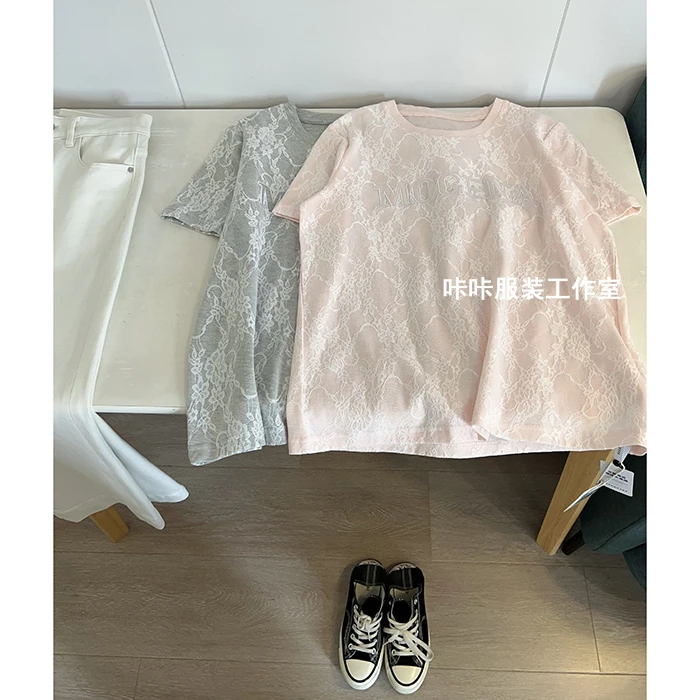 REKAYYAT”千寻“韩系百搭温柔气质蕾丝贴布刺绣设计感圆领短袖T恤