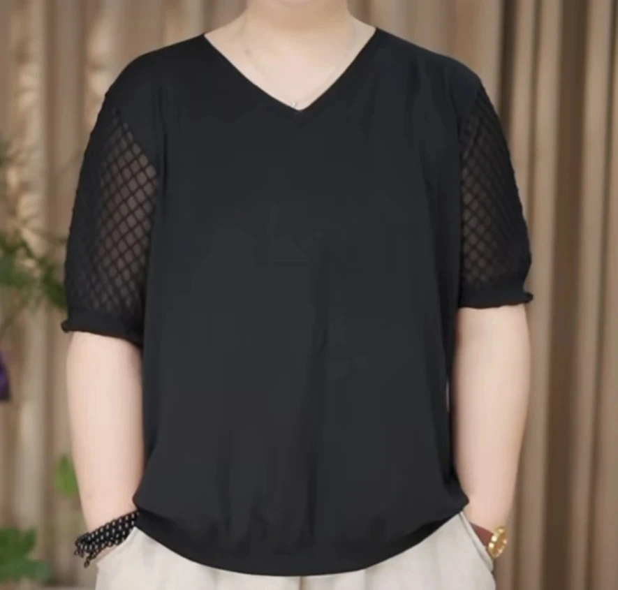 新款大码女装TY25014款桑蚕丝夏季V领短袖宽松休闲纯色百搭夏装