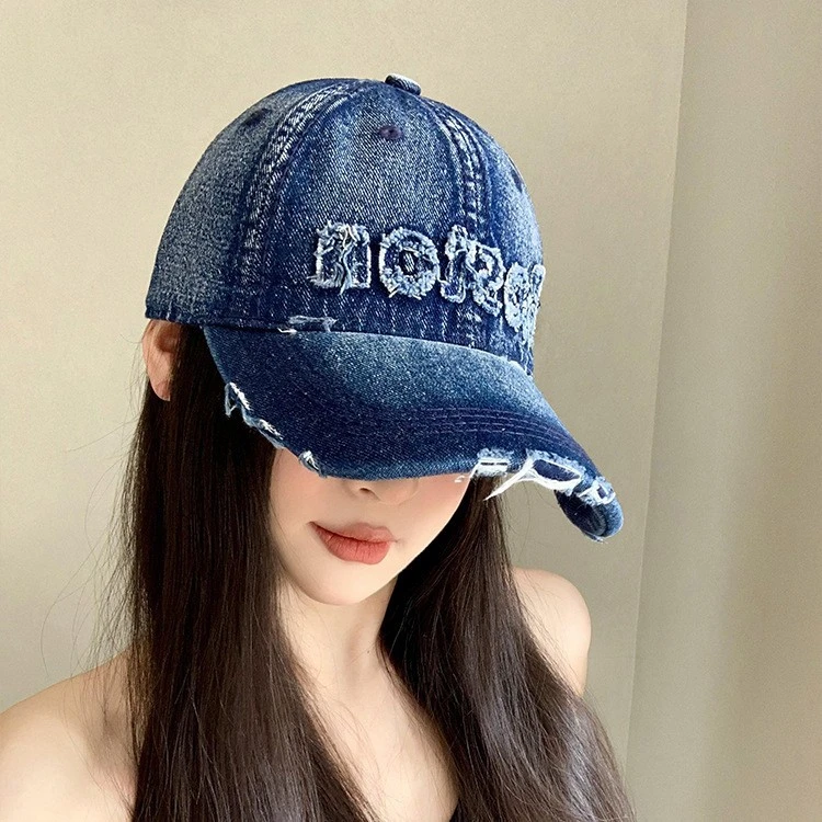 硬顶棒球帽女破洞做旧加大加深大头围显脸小加宽大帽檐鸭舌帽子男