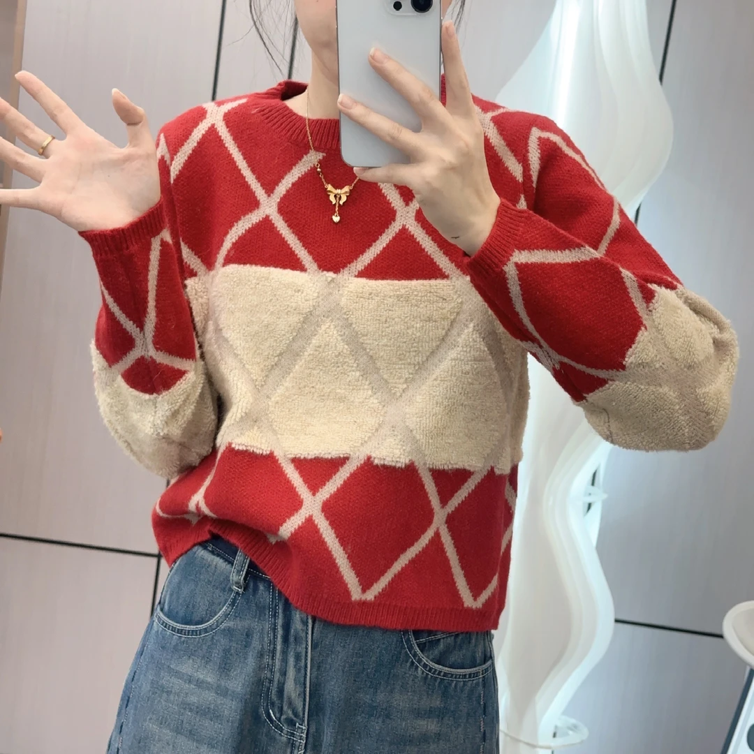 6780红色季短款冬季圆领打底衫女2024新款秋冬宽松毛衣小香风上衣