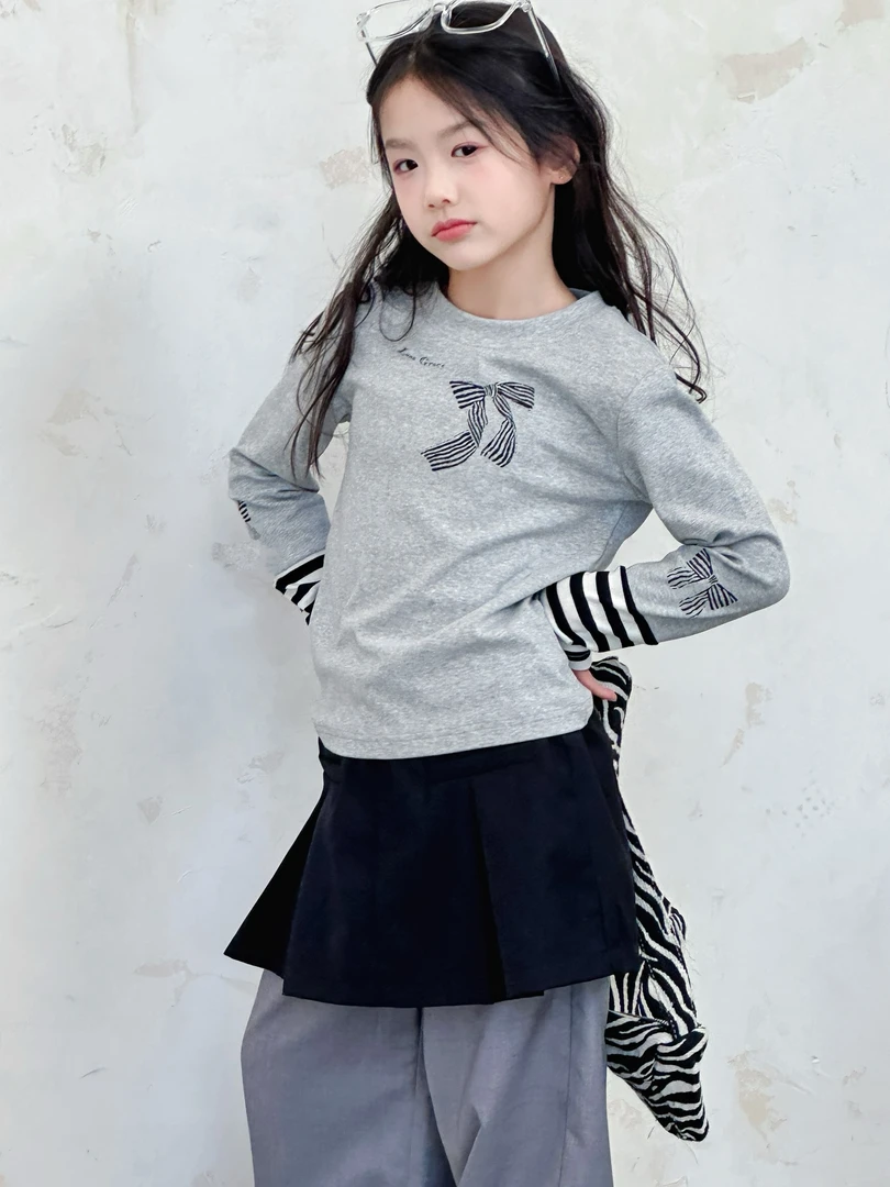 25春季新品 女童T恤 中大童时尚圆领长袖 蝴蝶结休闲百搭上衣8247