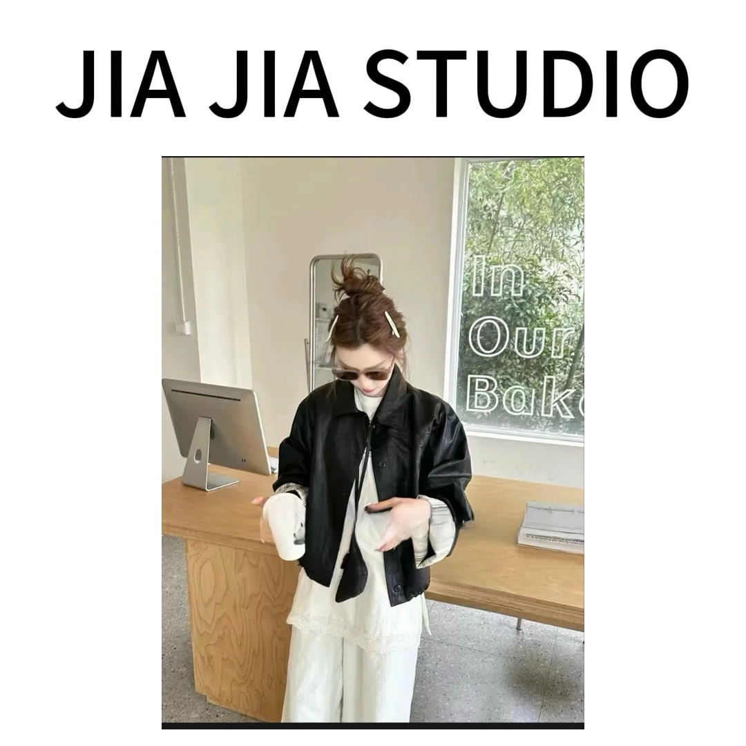 嘉嘉推荐#8855【早春款】翻领宽松短款条纹拼接袖皮衣外套