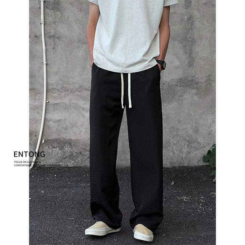 Entong美式薄款冰丝垂感松紧腰运动休闲裤男生速干无感宽松裤子潮
