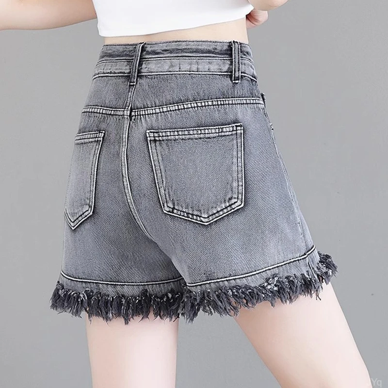 2025年气质高腰薄款小个子a字毛边阔腿热裤灰色牛仔短裤女
