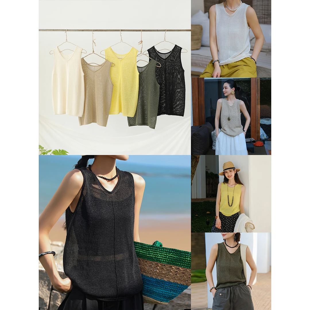 麻霖夏新品轻盈蓬松和纸纱肌理感小V领无袖针织背心上衣【仲夏】
