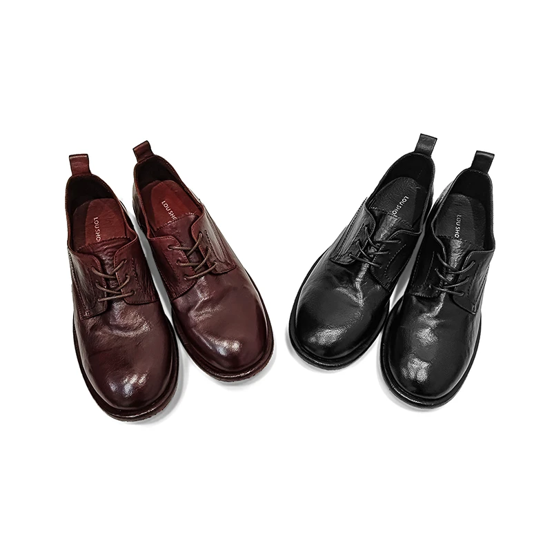 时尚休闲水洗马皮低跟黑色英伦风女士绑带德比鞋