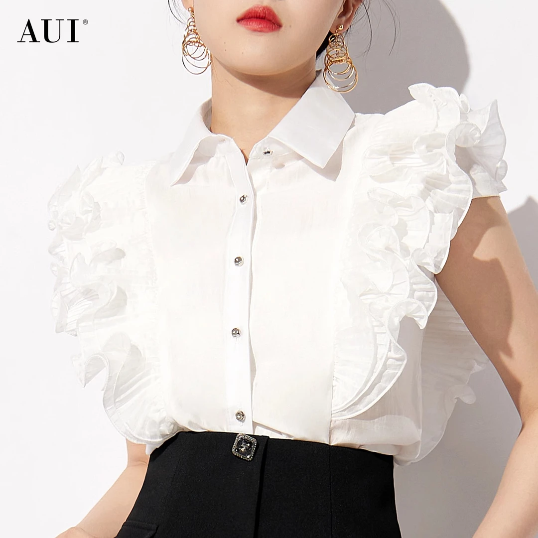 【媛媛女王专享】AUI白色法式无袖衬衫荷叶边衬衣上衣-24W014238