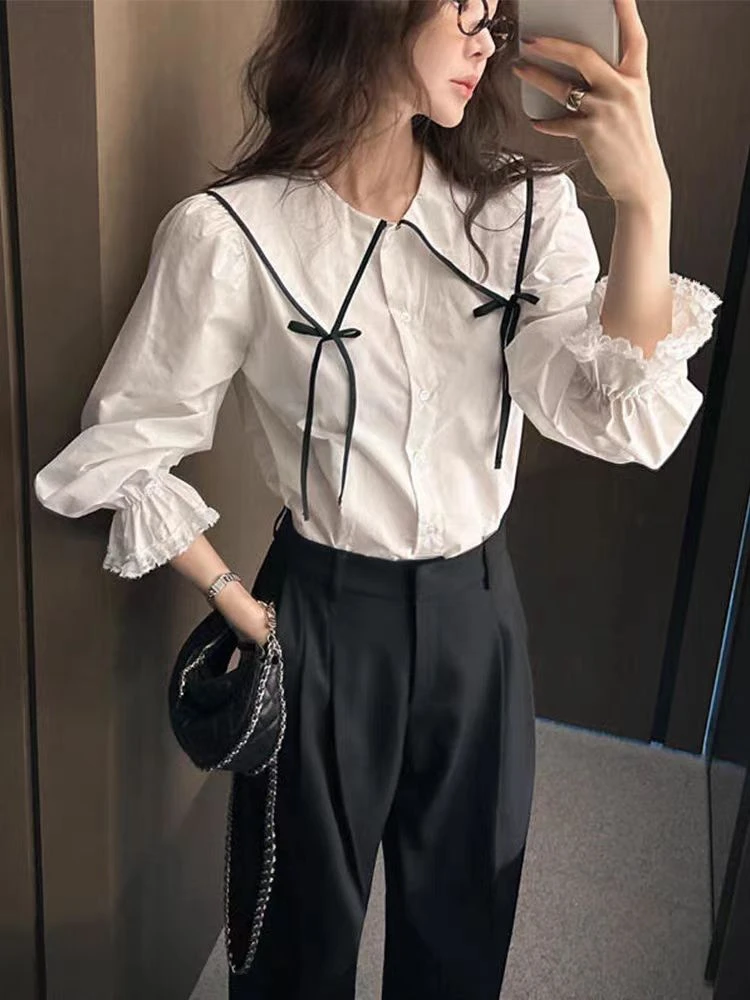 设计感小众时尚春季减龄洋气蝴蝶结系带衬衫黑色高腰休闲裤套装