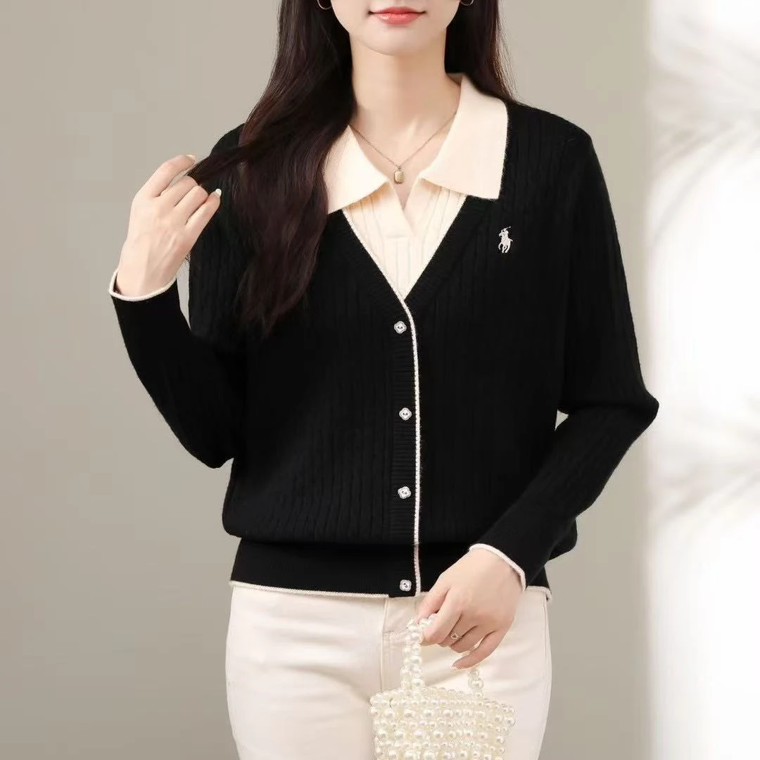 POLO领拼接假两件拼色针织衫毛衣宽松大码显瘦秋冬新款女装