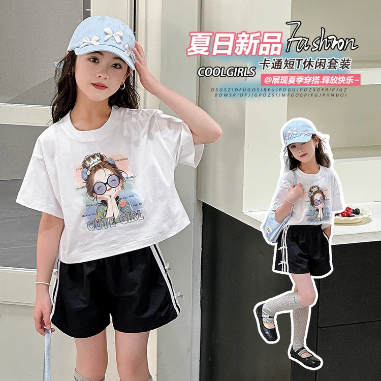 女童短袖套装2025夏季新款休闲儿童t上衣夏装中大童T恤短裤两件套