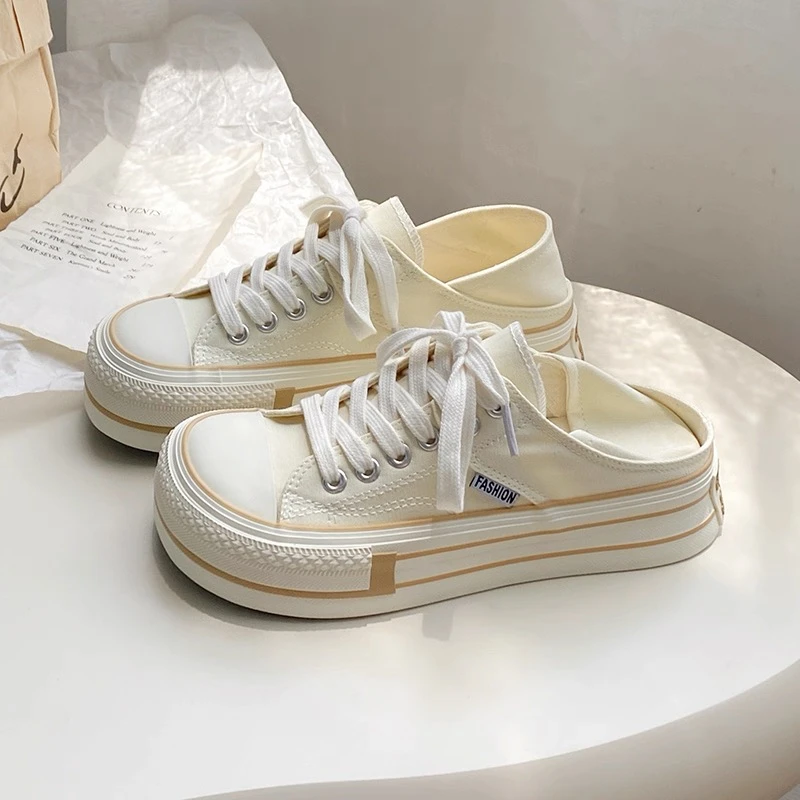 1201白脚踩两穿芒果头厚底帆布鞋女chic薄款透气一脚蹬懒人半拖鞋