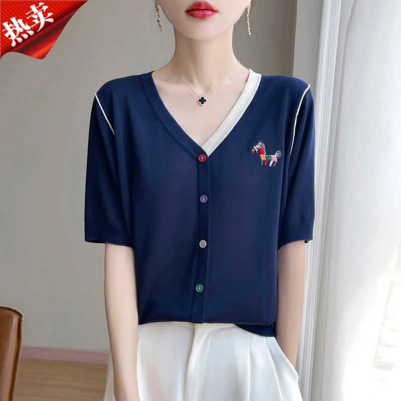2025新款正品小马刺绣针织衫V领女装藏蓝色假开衫上衣薄款夏季