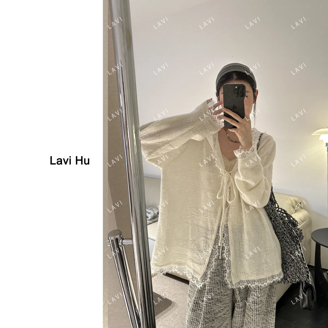 反季的雪 连帽拼接慵懒风蕾丝打底衫5891