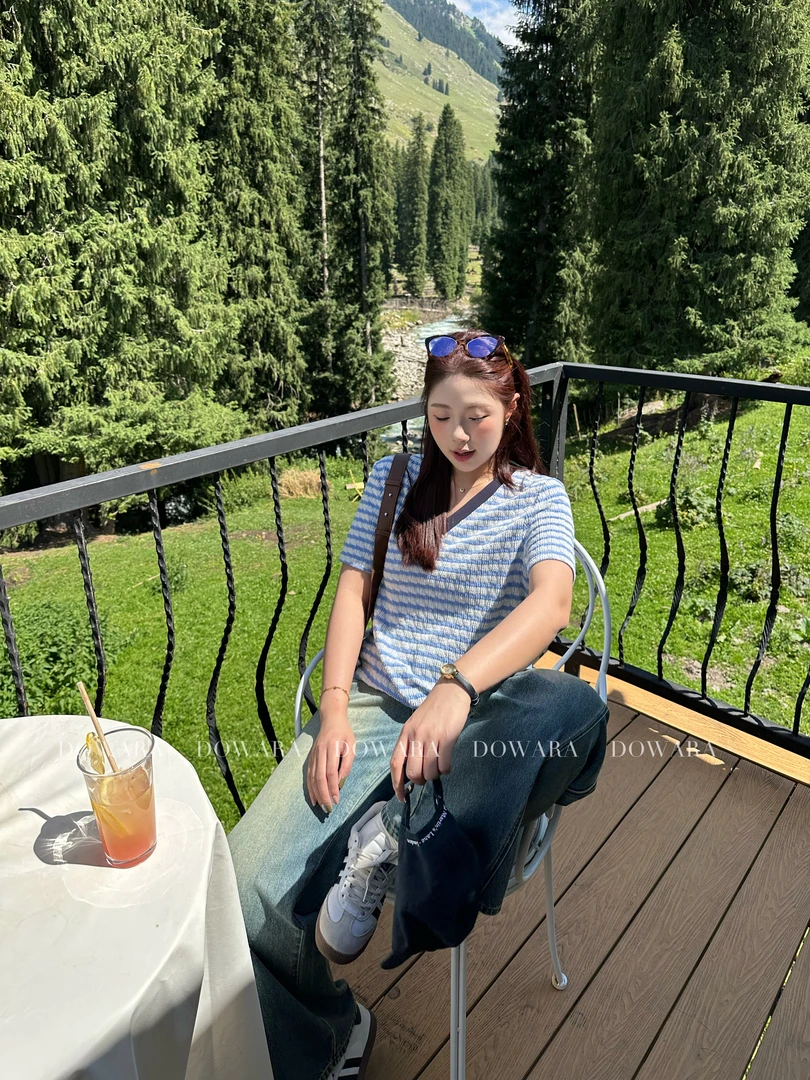 现货9797X大婉酱肉肉微胖定制【泡泡条纹T】休闲织带设计条纹上衣