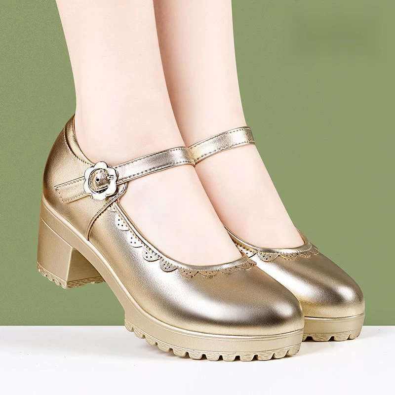 真皮走秀高跟鞋女新款防水台粗跟厚底单鞋软底舒适交谊舞广场舞鞋