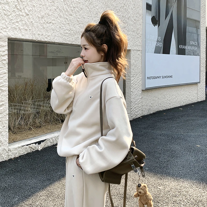 米白色韩系休闲运动套装女2025早春新款学院风立领卫衣卫裤两件套