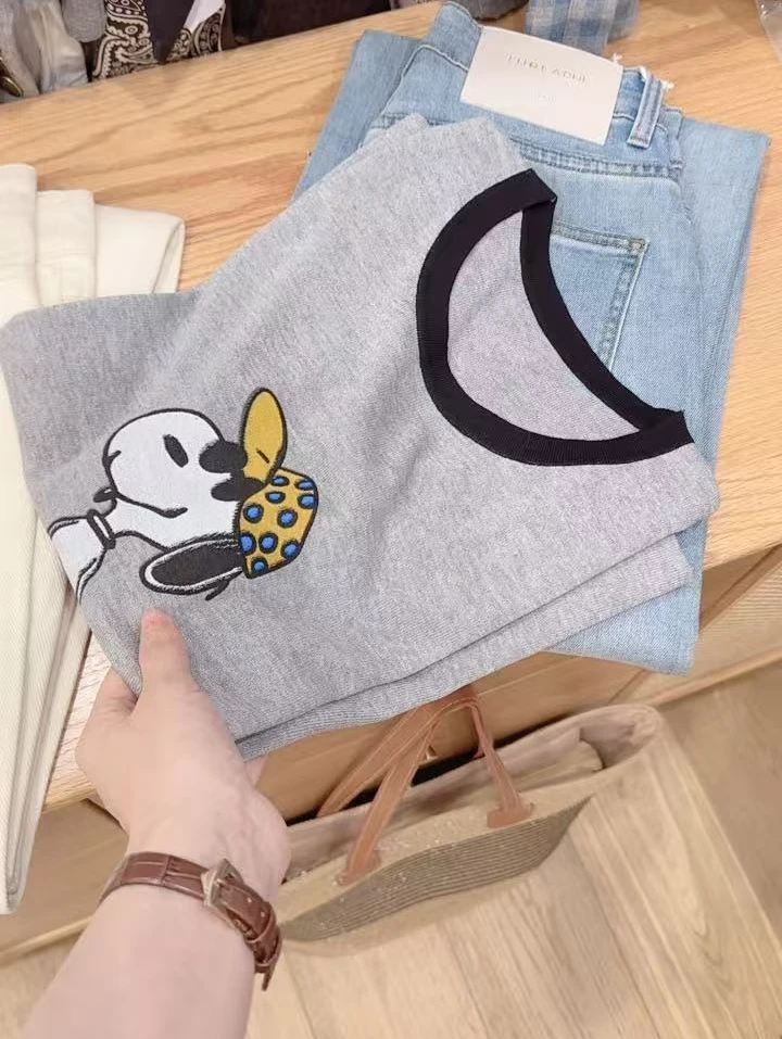 七言家巨好看！史努比小狗洋气灰撞色短袖
